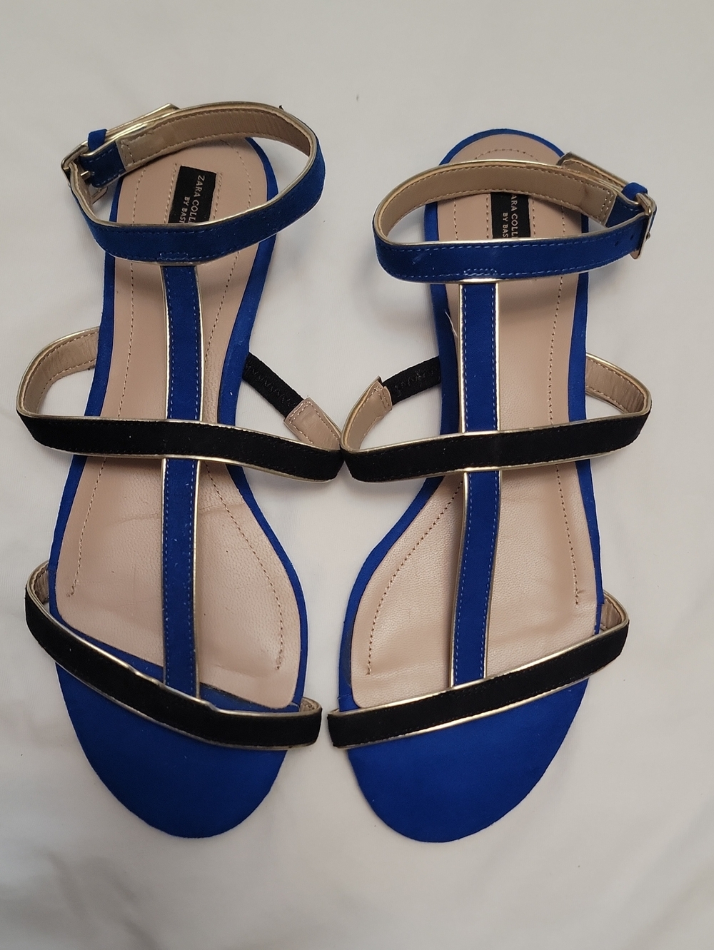 Zara Collection By Basic Blue and Black With Gold Trim Strappy Sandals SIZE 7
